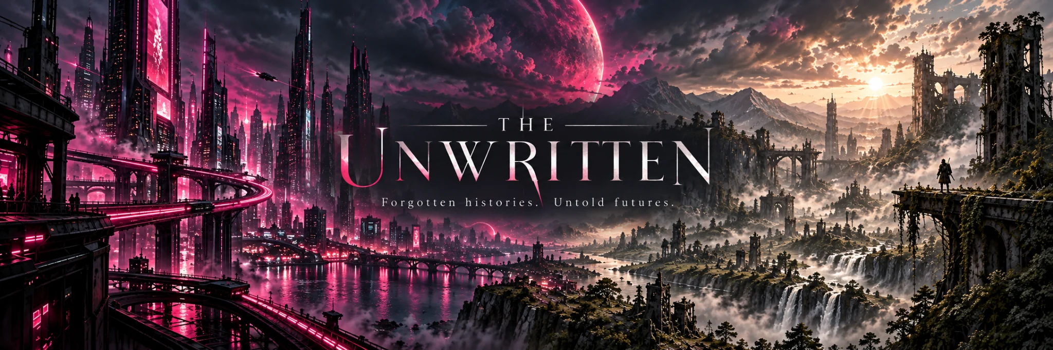 The Unwritten shared universe banner, showing a futuristic city and forgotten world